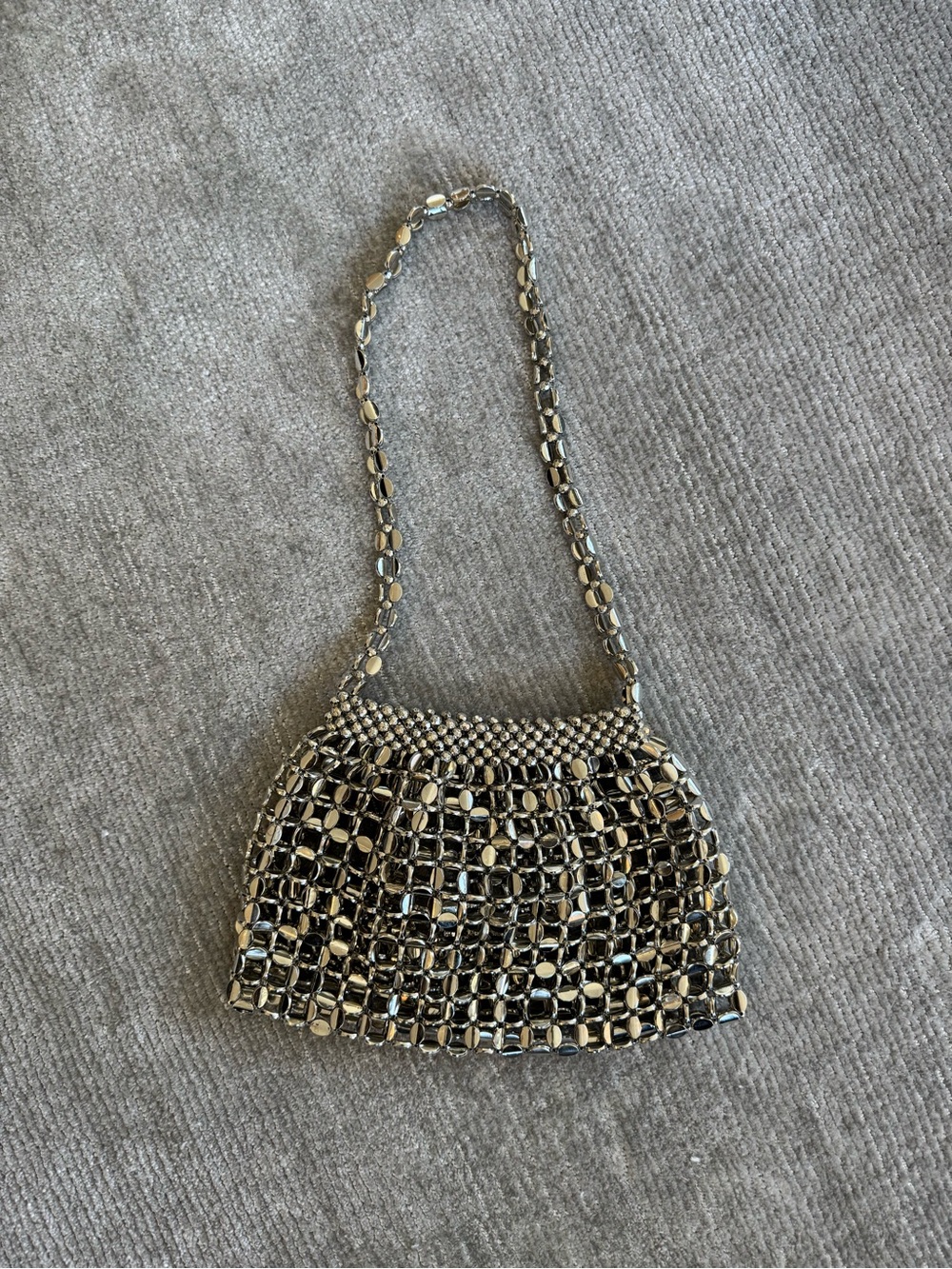 Metallic Beaded Evening Shoulder Bag - Silver